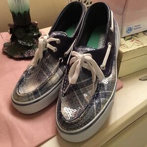 Sperry  Women’s Size 7.5M Green, Blue & White Plaid Top Siders Loafer